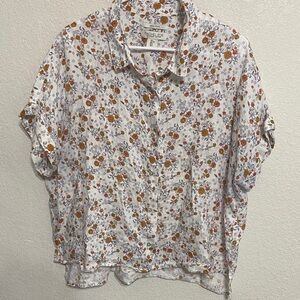 Rachel Zoe Linen Floral Button Down Shirt - White, Orange, Blue